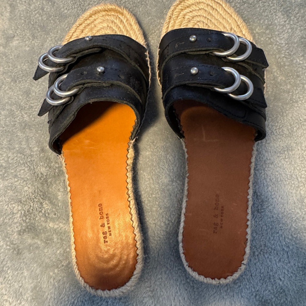 Rag & Bone Black Leather Mules with Silver Accents